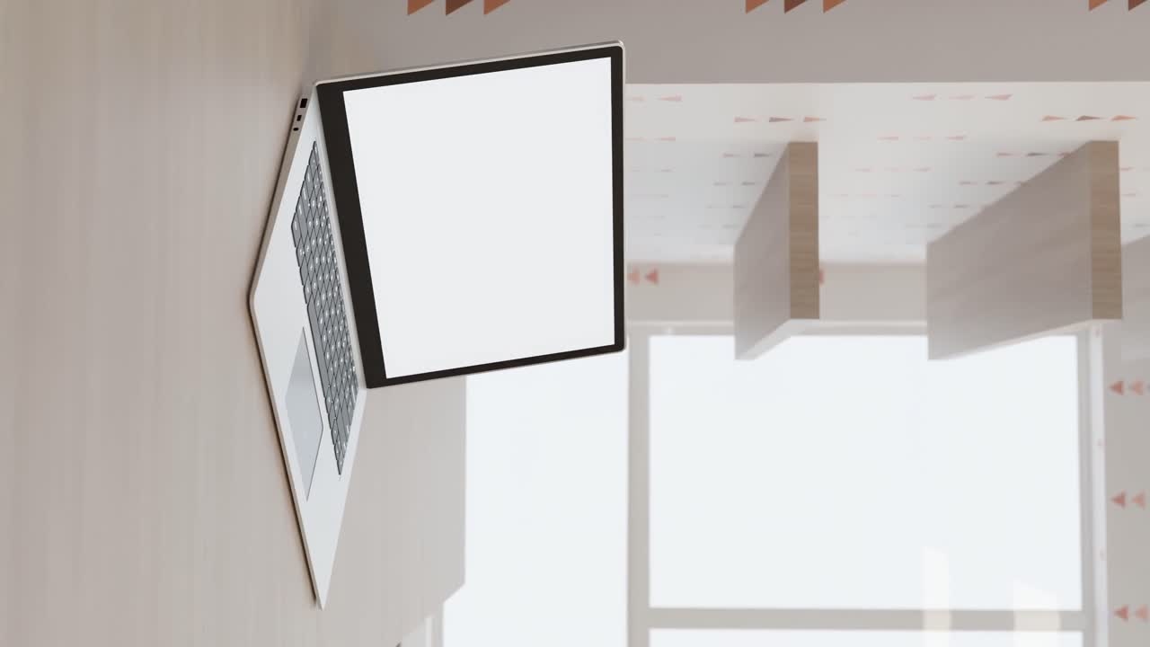 사무실, 복사 공간에서  ⁇  화면을 가진 수직 비디오 애니메이션 노트북