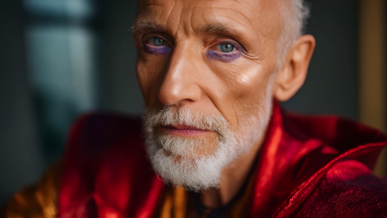 Una trasformazione affascinante: un uomo maturo che sfoggia un trucco artistico con colori vivaci e una cura eloquente, immortalato in un momento di riflessione
