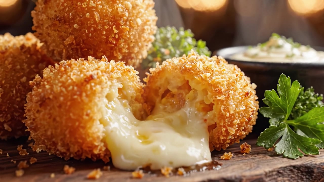 Deliciously Crispy Cheese Balls with Melting Center Served on Wooden Platter with Creamy Dip and Fresh Garnish - Perfect Appetizer Experience