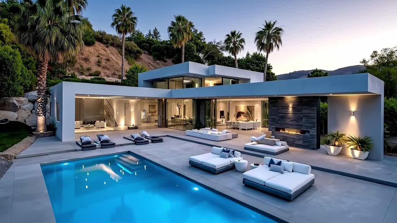 A large swimming pool in the middle of a modern house