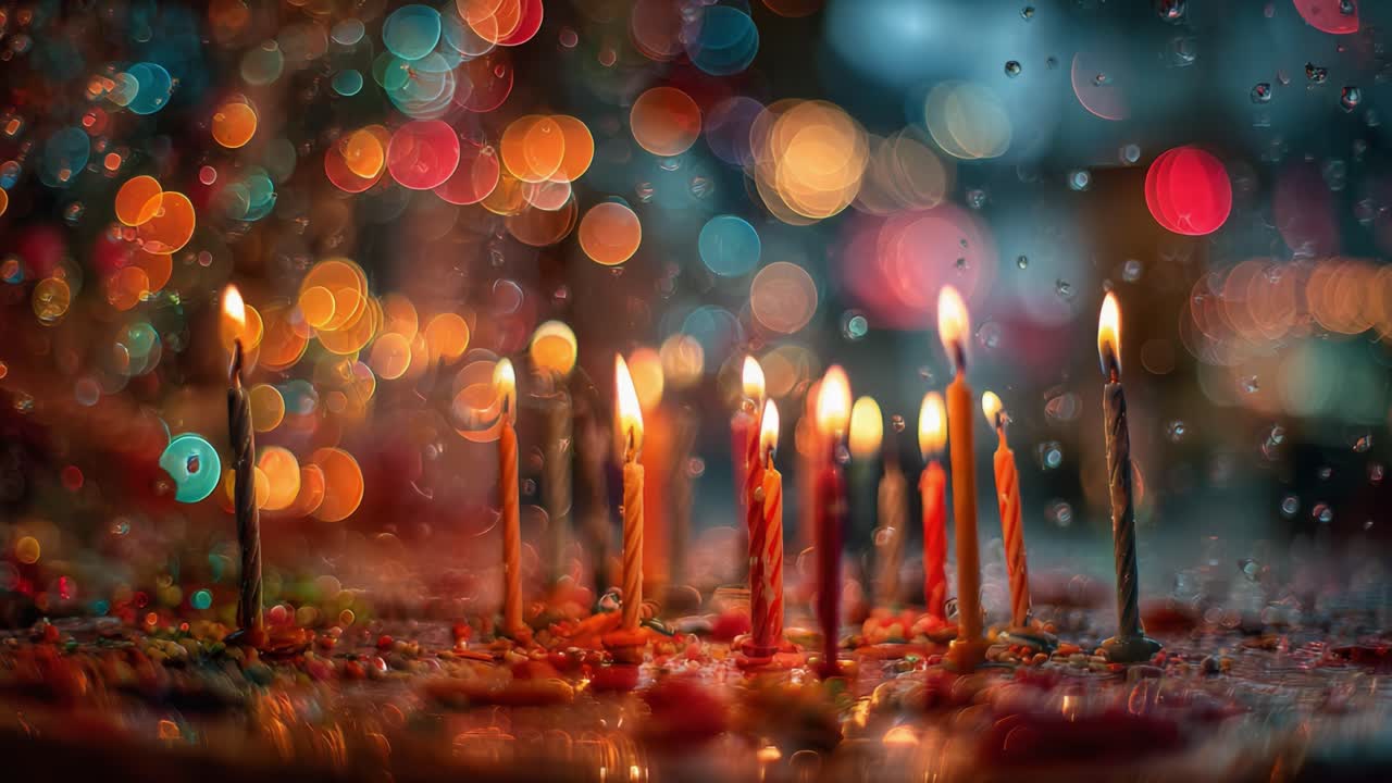 A Warm and Colorful Celebration: Glowing Birthday Candles Surrounded by a Shower of Light, Creating a Festive Atmosphere of Joy and Togetherness