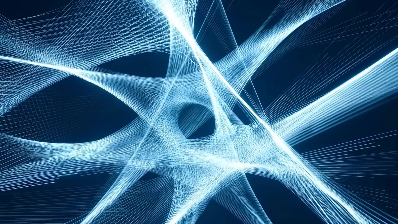 Flowing translucent blue ribbons weave into a luminous web at center, stretching toward upper-left and lower-right against a deep navy backdrop. Thin glowing