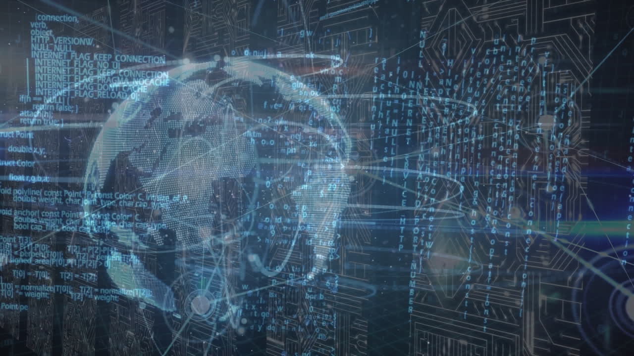 Animation of globe and data processing over columns with computer circuit board