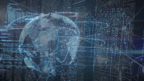 animation of globe and data processing over columns with computer circuit board
