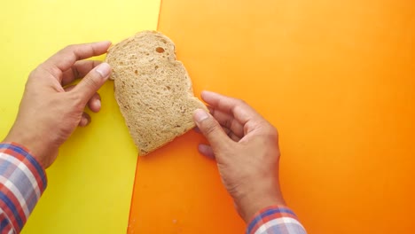 manos sosteniendo una rebanada de pan de trigo entero en un fondo amarillo y naranja