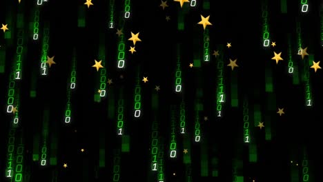 Animation-of-yellow-star-icons-and-green-light-trails-falling-against-black-background