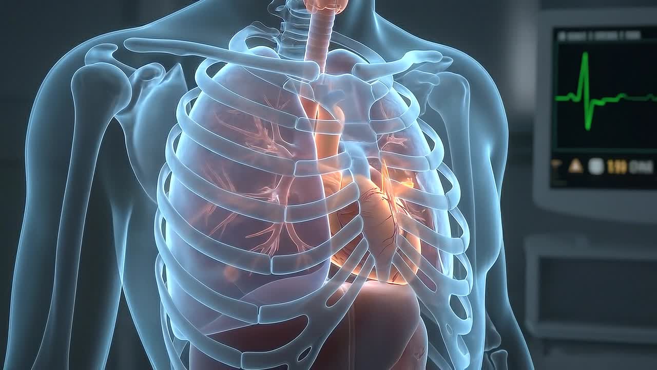 Torace umano trasparente che mostra polmoni e cuore che batte con arterie luminose in una visualizzazione dettagliata di anatomia medica