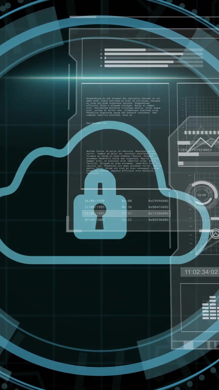 Video verticale: Titolo cyber che si dissolve, causando la formazione di un blocco cloud e lo spostamento dell'HUD, mostrando protezione.
