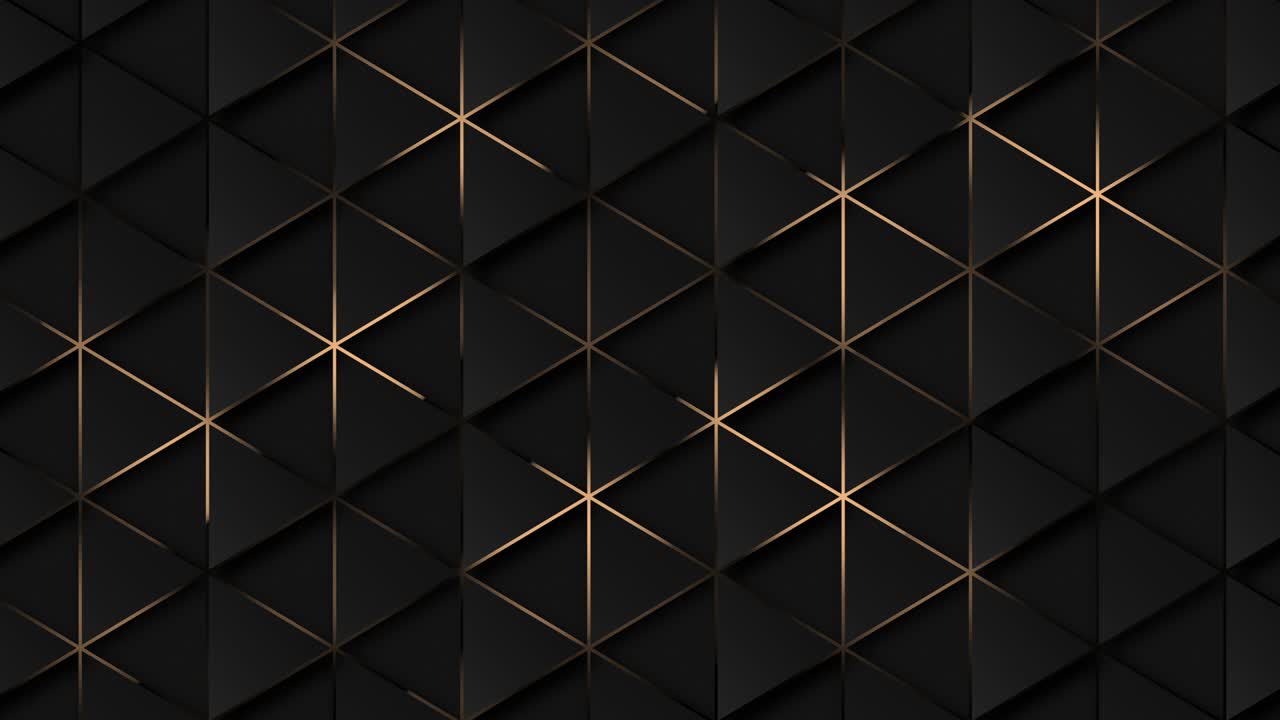 4k 추상적인 럭셔리 검은 회색 그라디언트 배경, 미래의 삼각형, 황금 이소메트릭 그리드