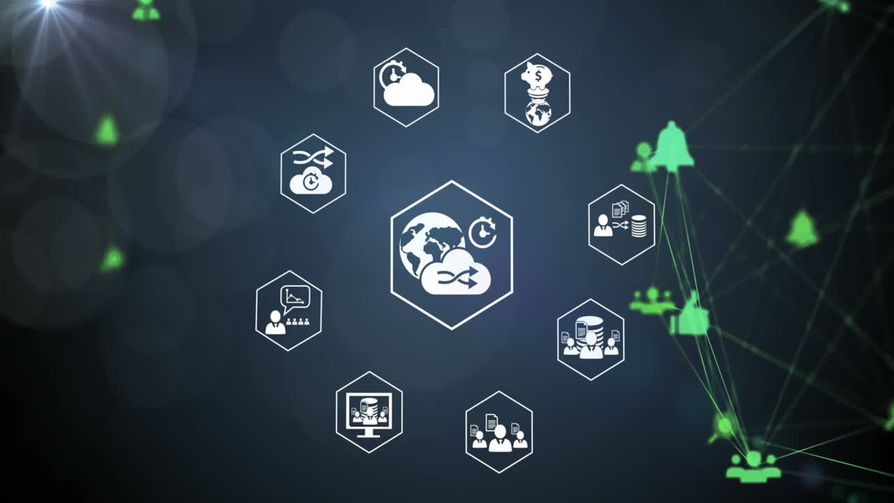 어두운 배경에서 연결 및 아이콘 데이터 처리를 가진 지구의 애니메이션