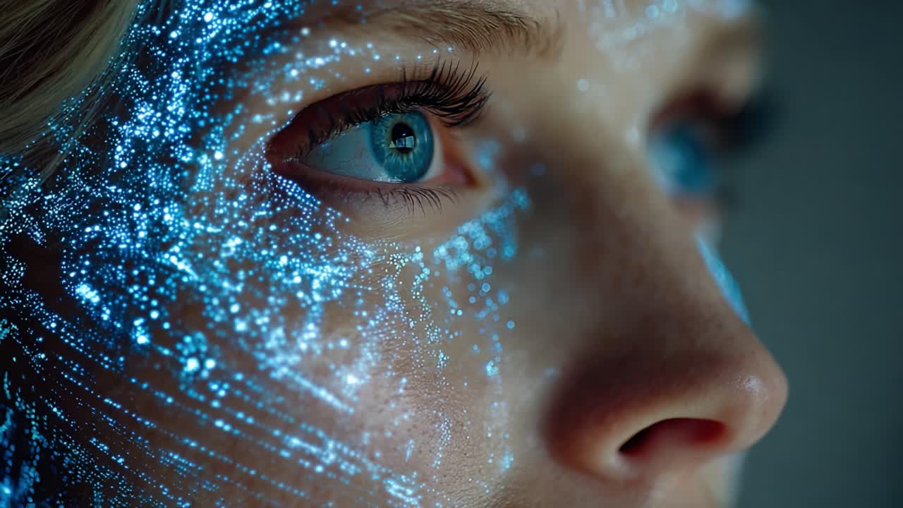 Exploring the Mystical Beauty of Digital Technology Reflected in a Woman's Face, Captivating Close-Up of Intricate Patterns and Mesmerizing Blue Light