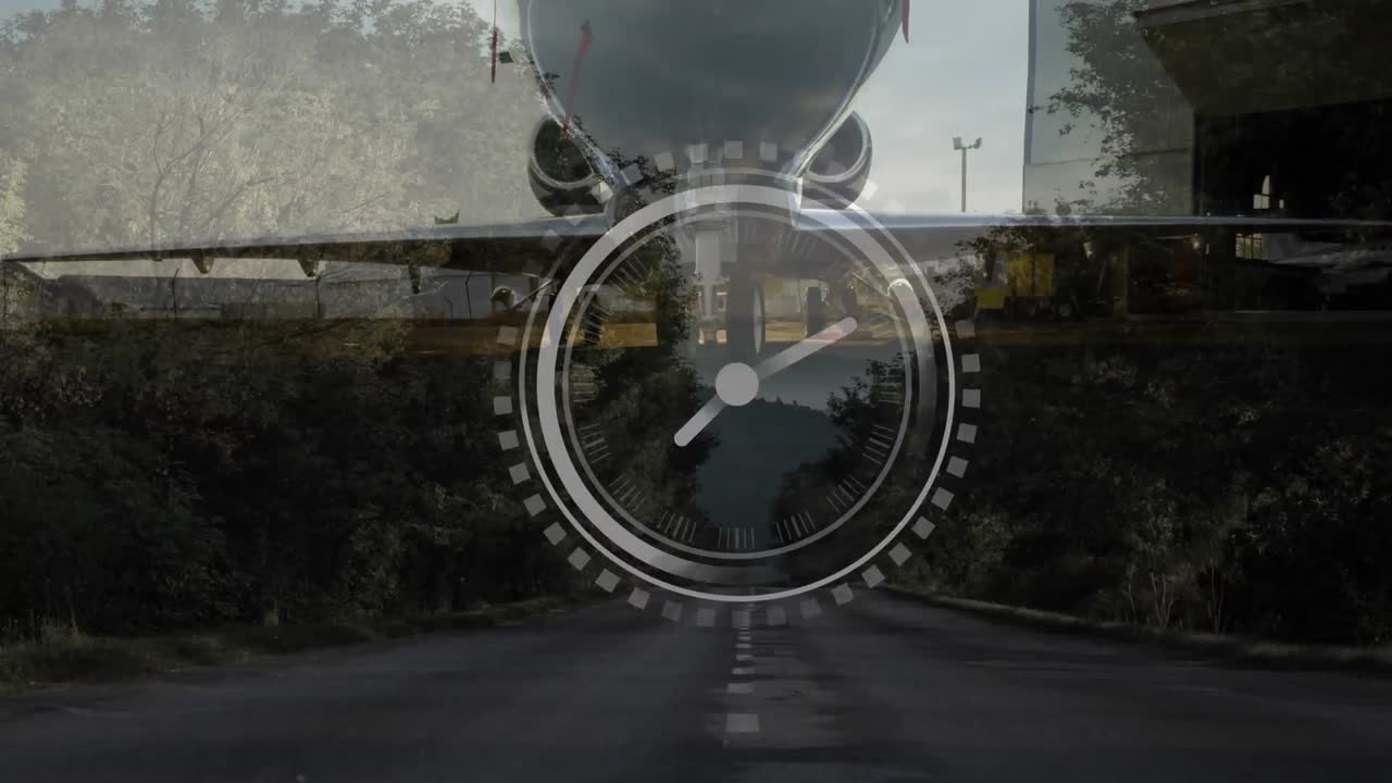 비행기의 애니메이션이 시계에 따라 뛰고 있습니다.