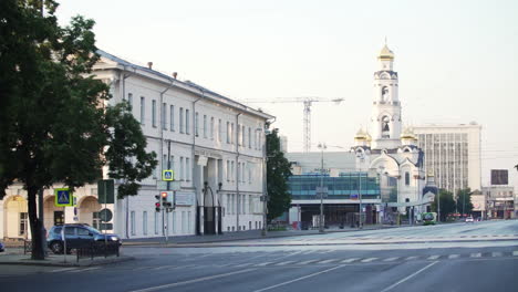 city street with church in the morning