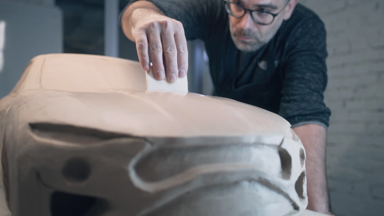 esculpiendo un modelo de coche de arcilla