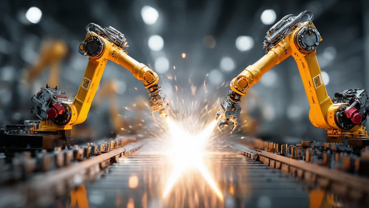 Otomasi Industri: Robotika Presisi Meningkatkan Efisiensi Manufaktur dengan Lengan Robotik Berteknologi Tinggi yang Sedang Bekerja Menimbulkan Percikan di Jalur Perakitan