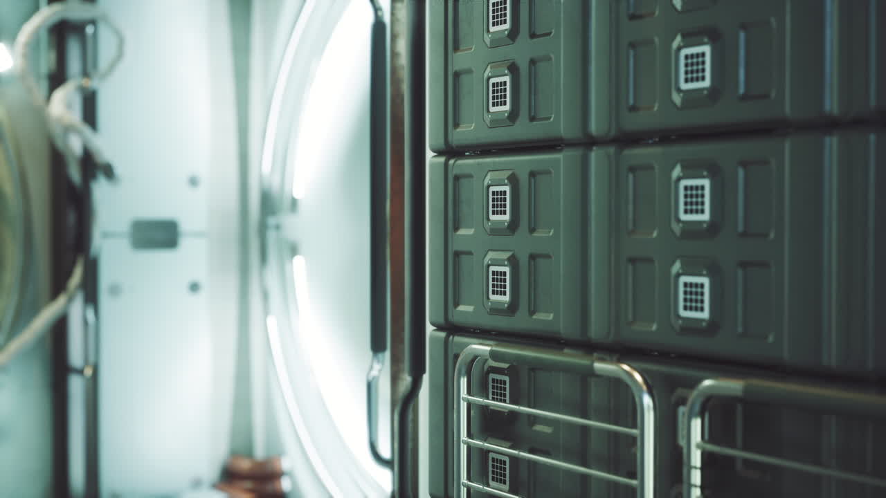 contenedores de almacenamiento futuristas en un corredor de una nave espacial