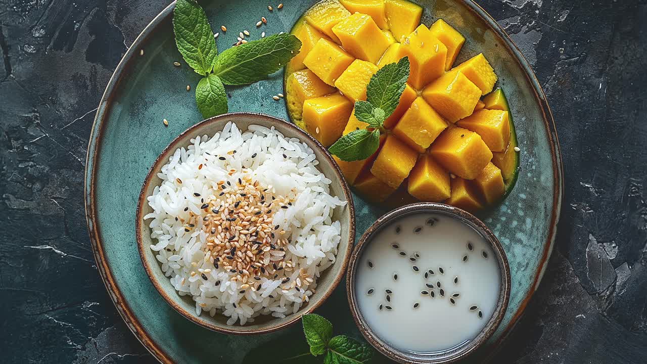 Delizioso dessert di mango e riso appiccicoso con foglie di menta fresca