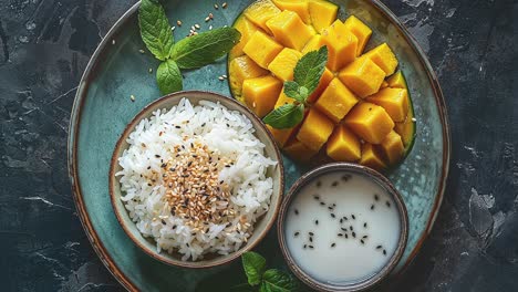 Leckeres-Mango-Klebreis-Dessert-Mit-Frischen-Minzblättern