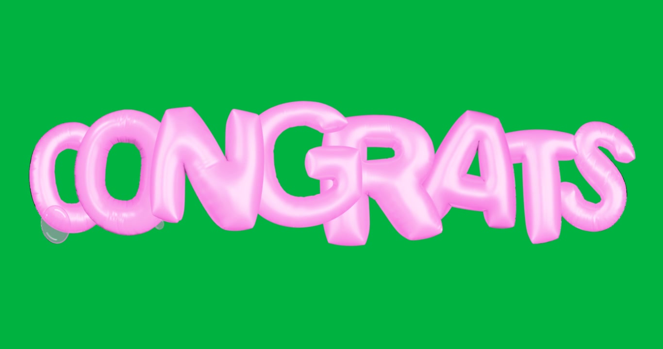 Gocciolina che emerge sotto la scritta 3D rosa "CONGRATS", ritraendosi mentre le lettere pulsano su sfondo trasparente.