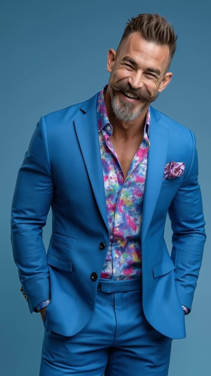 Verfijnde volwassen man met een baard, draagt een felblauw pak en een overhemd met bloemenpatroon.