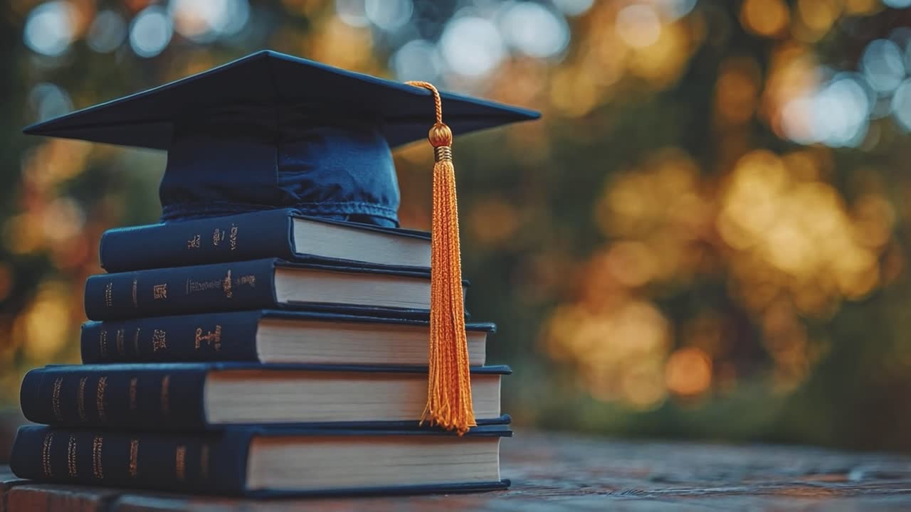 gorra de graduación en una pila de libros