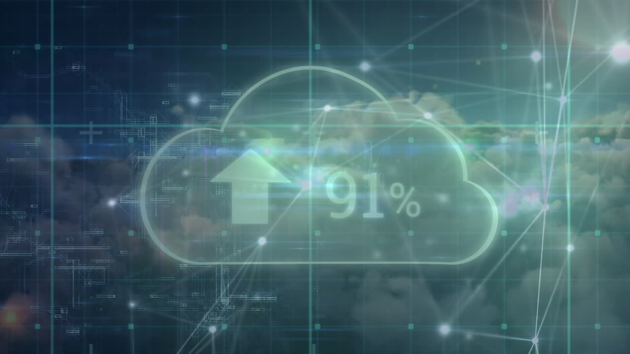 animación de la red de conexiones y la nube con carga sobre el cielo nublado