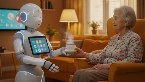 a humanoid robot serving a steaming cup of tea to a smiling elderly woman in a cozy living room, showcasing the interaction between technology and companionship