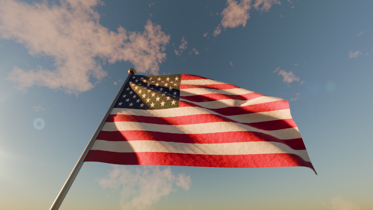 Waving Flag Of America At Sunset Sky During Memorial Day