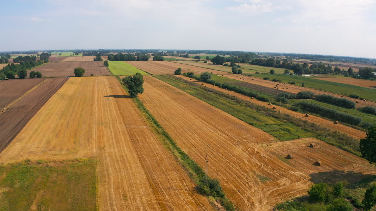 Aerial top view of drone flying above farmland fields