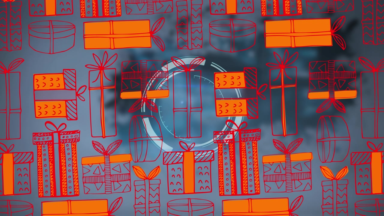 Animation of processing circle over blue background with presents