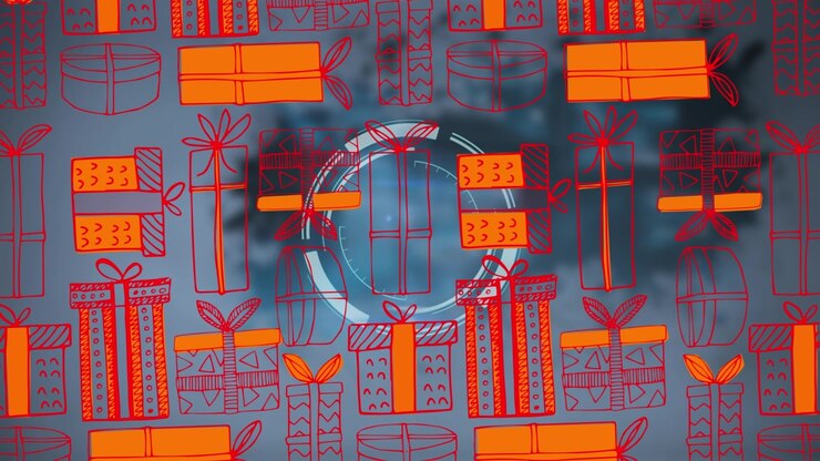 Animation of processing circle over blue background with presents