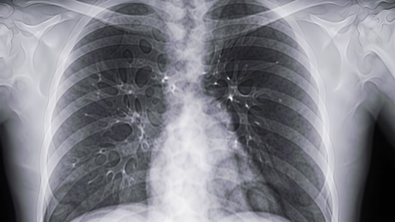 A chest x-ray highlighting the lungs and surrounding structures, revealing key details for clinical assessment and diagnosis.
