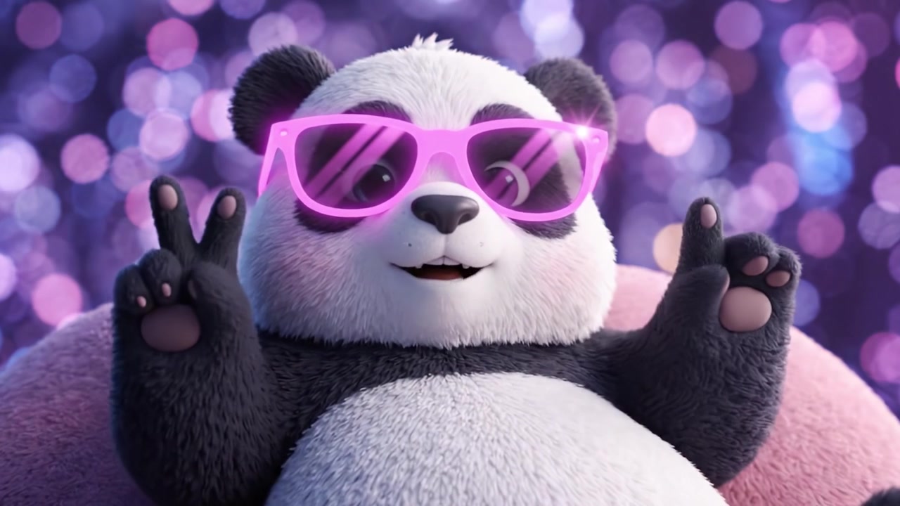 Un Panda Cool e alla Moda che si Rilassa con Occhiali da Sole Trendy su uno Sfondo Vibrante e Scintillante Pieno di Luci Bokeh Colorate