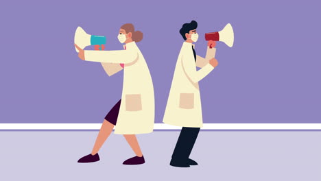 una pareja de médicos con máscaras médicas y megáfonos