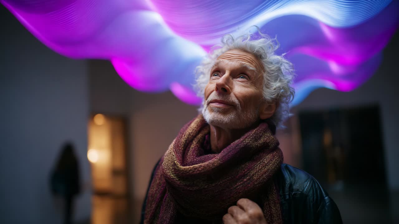 Un uomo anziano osserva con stupore una suggestiva installazione di luci colorate, catturando un momento di meraviglia e riflessione in uno spazio moderno, con vivaci onde di luce sopra di lui