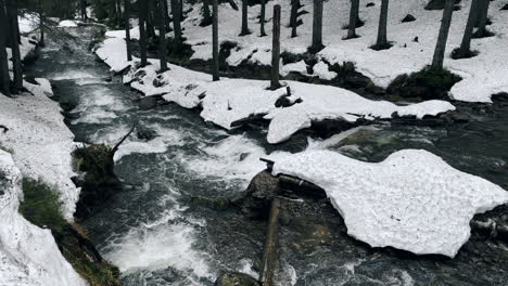 river water nature waterfall in winter forest. winter landscape with swift water