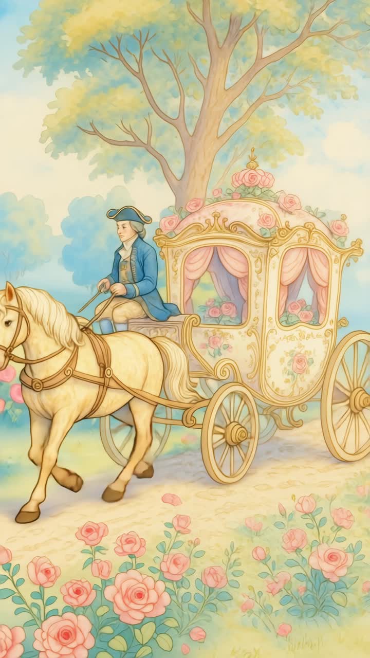 Concepto de video caprichoso de un carruaje de cuento de hadas en colores pastel, capturado desde un ángulo lateral