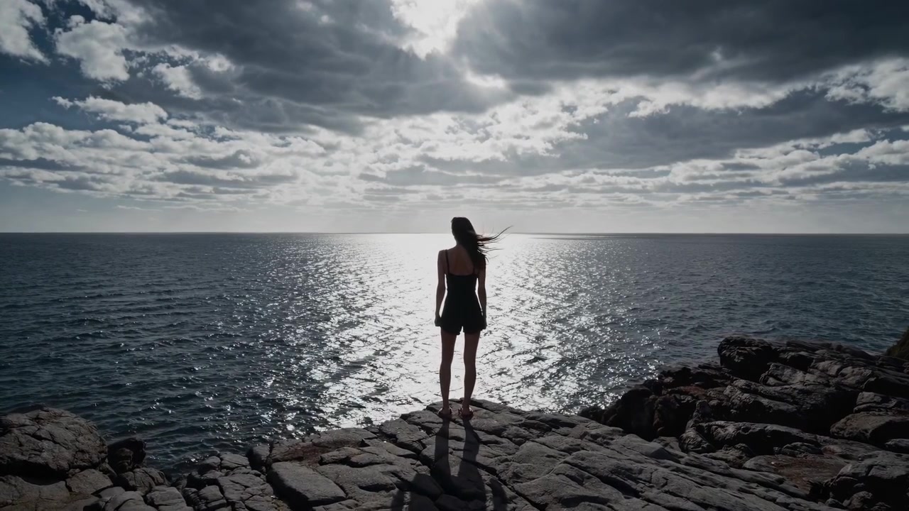 Jovem Mulher em Pé em um Penhasco com Vista para o Oceano