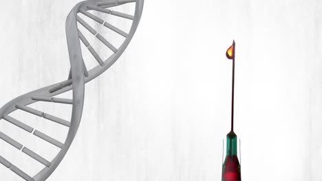 Animation-of-dna-strand-spinning-over-syringe-on-white-background