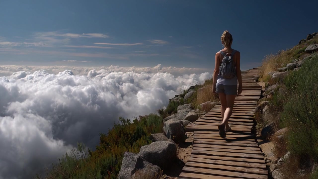Un escursionista solitario che abbraccia la bellezza della natura tra orizzonti coperti di nuvole su un sentiero di legno in alto sopra il terreno.