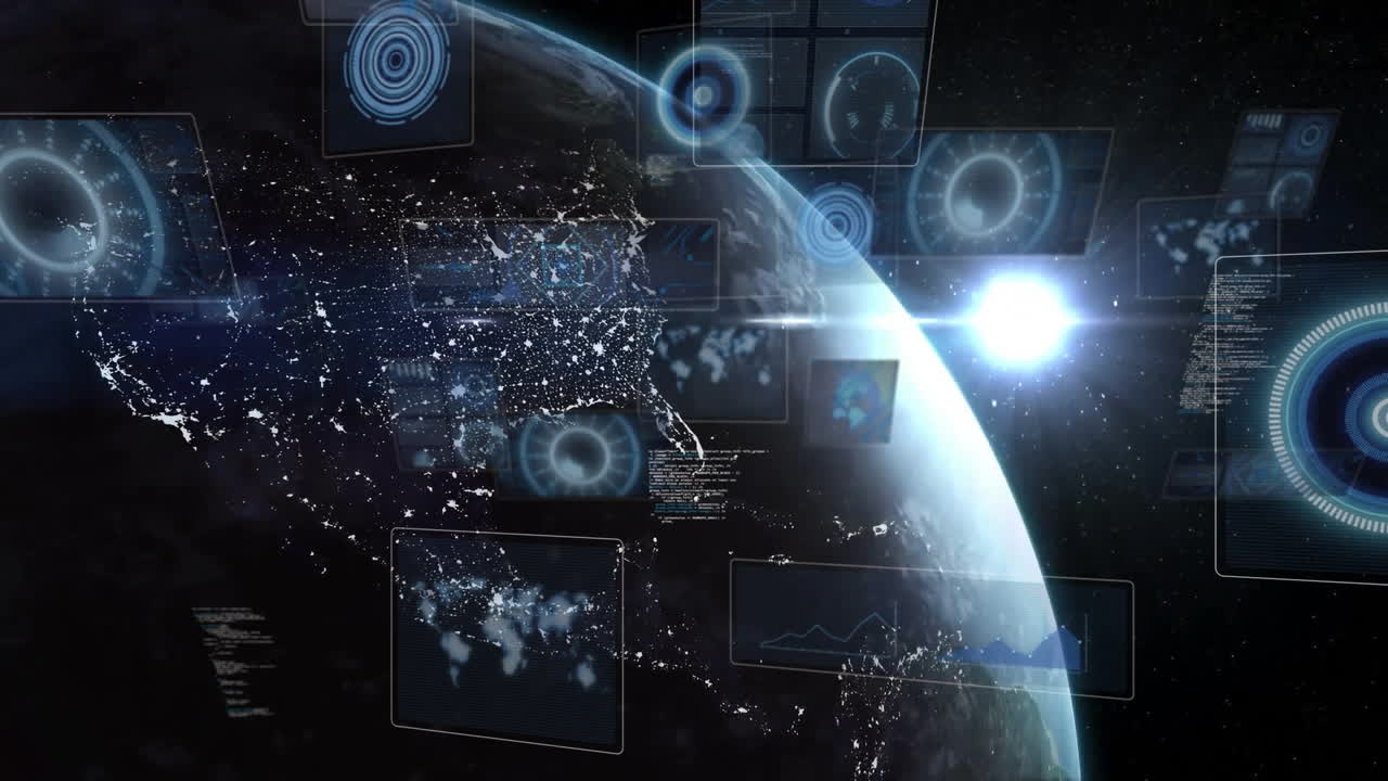 Earth from space with data processing animation over illuminated continents