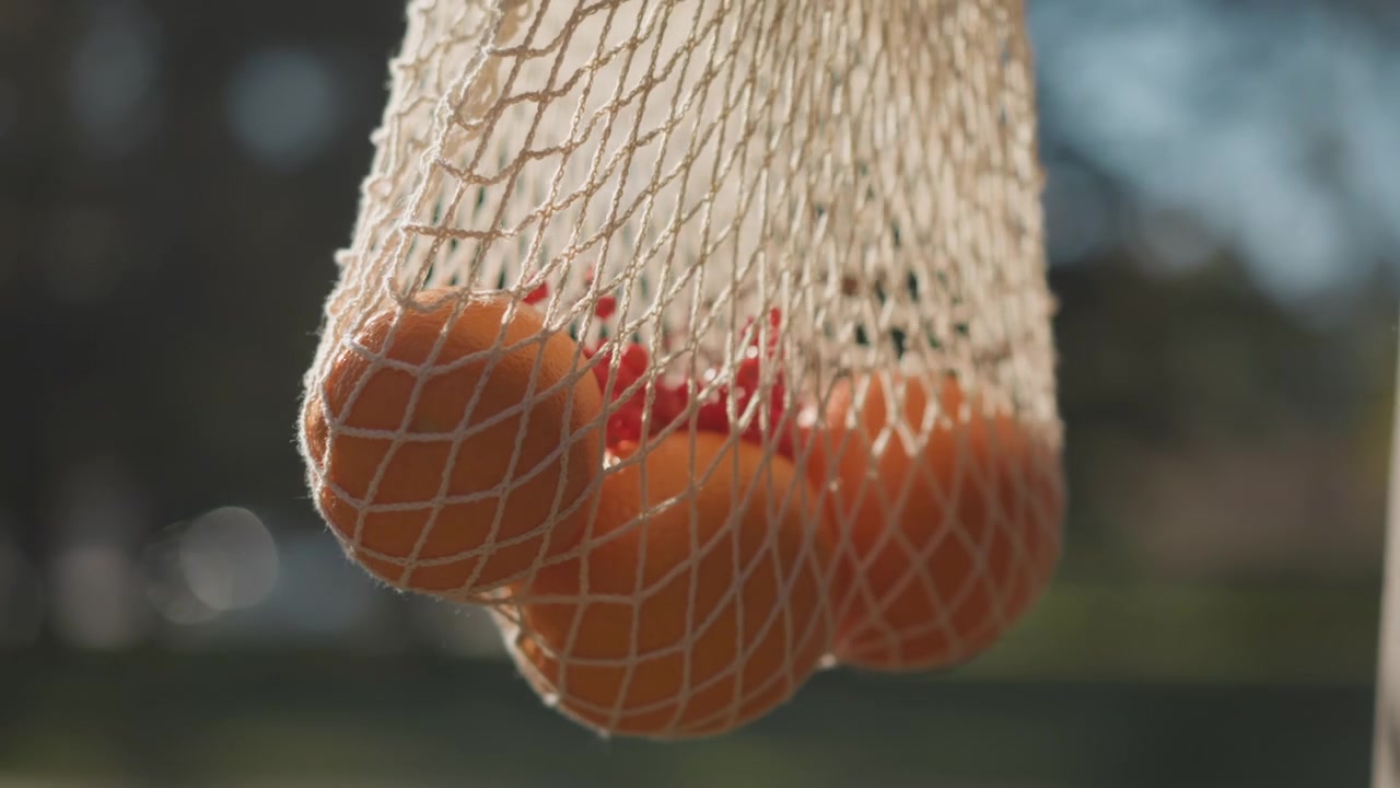 Primo piano di una borsa a rete riutilizzabile piena di arance e frutti di bosco rossi appesa a un braccio. La scena presenta una luce naturale soffusa che evidenzia i dettagli della texture sui frutti, sul materiale della rete e sullo sfondo.