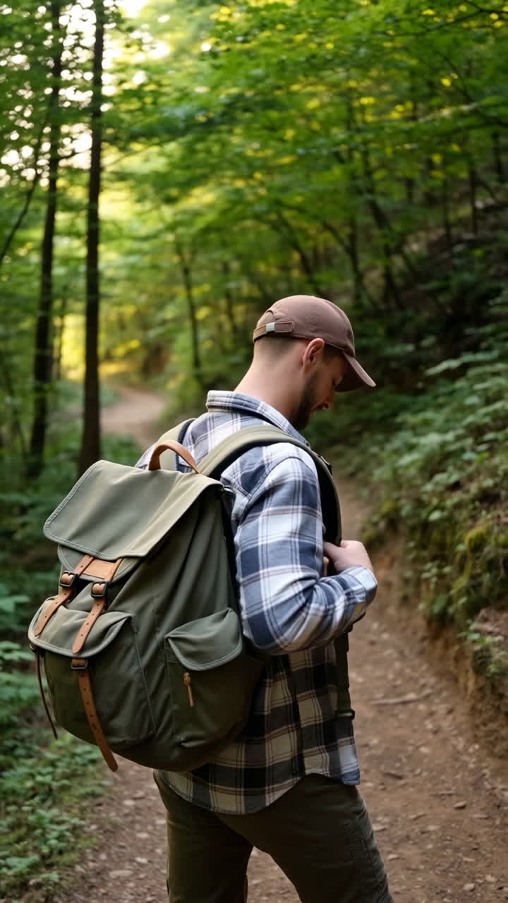 Man with backpack hiking on a forest trail