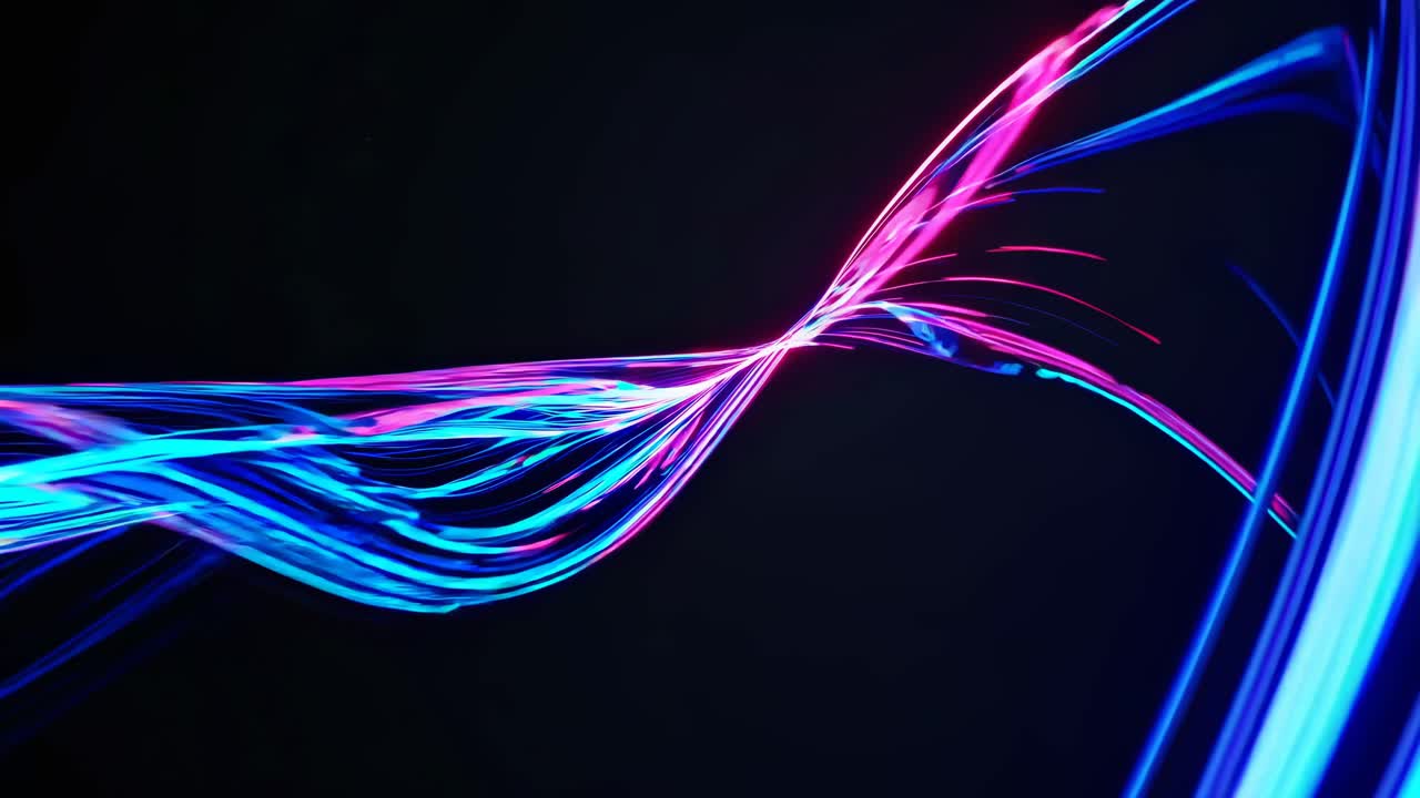 Abstract video art with neon blue and pink light trails swirling on a dark background