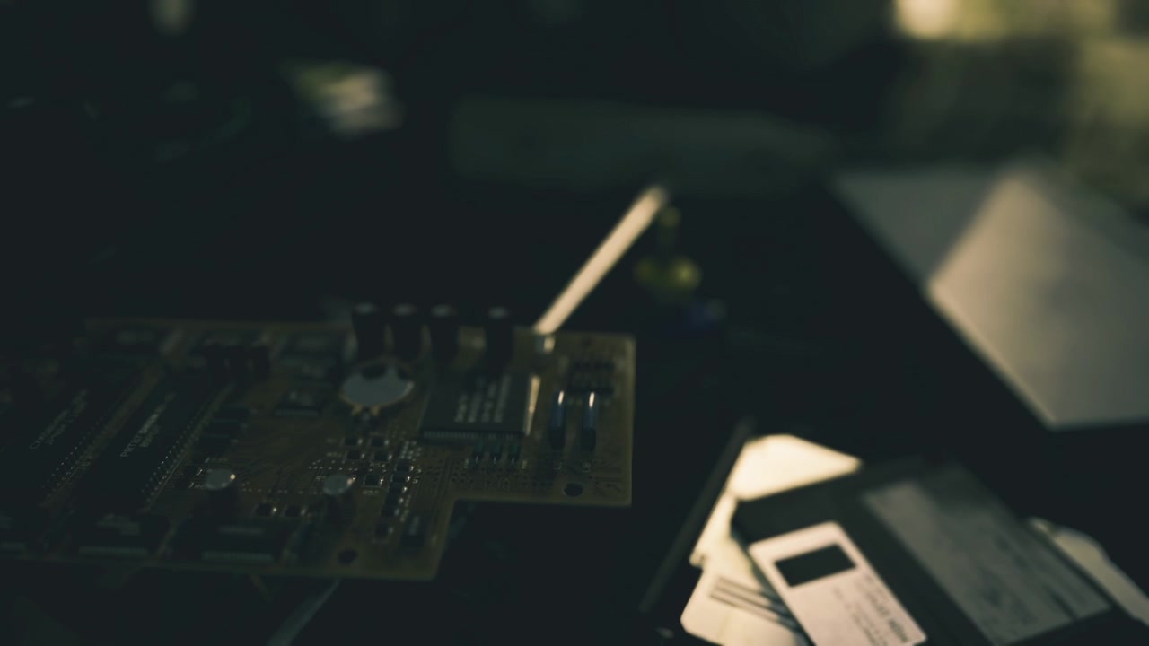 Silhouette of old computer hardware with artistic bokeh effects and muted colors