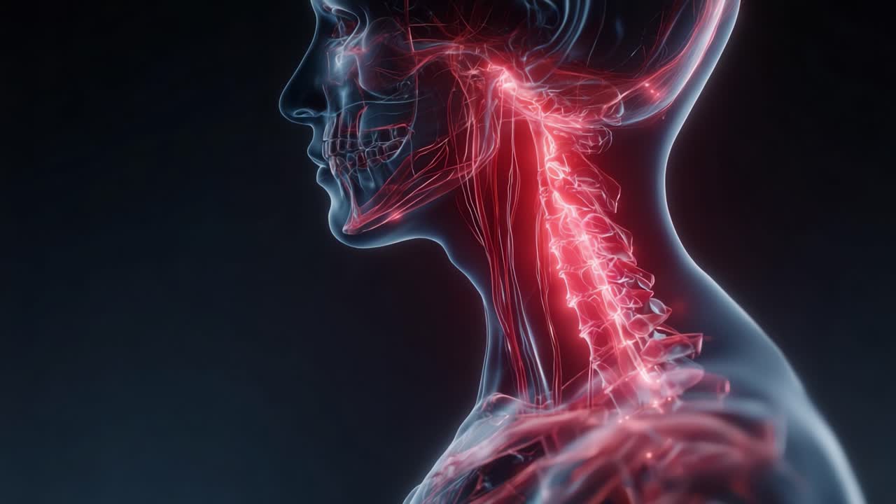 Visualizzazione anatomica del collo e della colonna vertebrale umani con strutture vascolari e scheletriche dettagliate in un effetto bagliore al neon, che enfatizza le connessioni biologiche