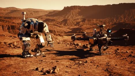 two robotic machines navigate the rugged mars terrain, demonstrating their capabilities and collaboration in an otherworldly environment during a clear day.