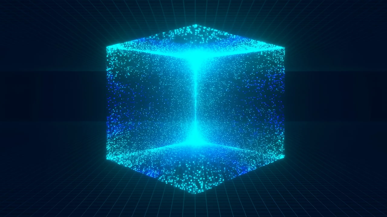 Glowing Holographic Cube Made Of Particles, Pulsing Core With Streaming Data Points And Neon Cyan Glow, Grid
