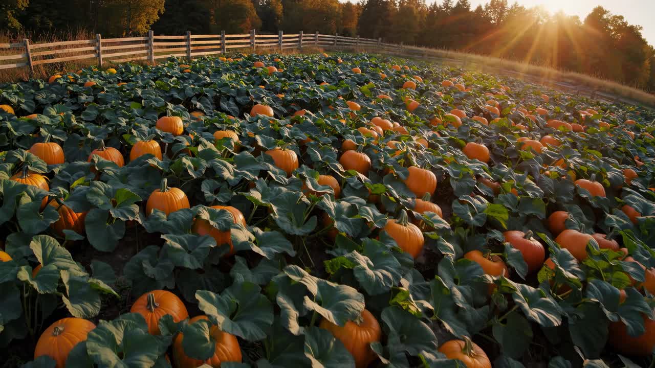 Wide-angle shot of a sunlit pumpkin patch at sunset, capturing vibrant orange pumpkins and lush