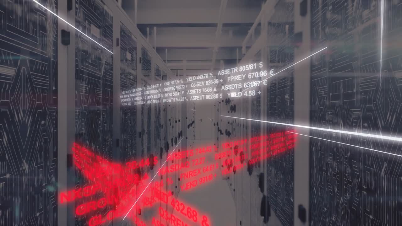 Advancing camera showing server racks in data center, with white ticker, red ribbons, light streaks